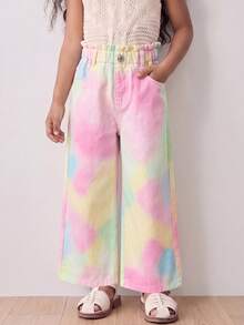 SHEIN Elladie kids 少女休閒波希米亞風度假平腰平口袋寬腿牛仔褲，日常穿搭 OOTD - 粉色 - 查看 5