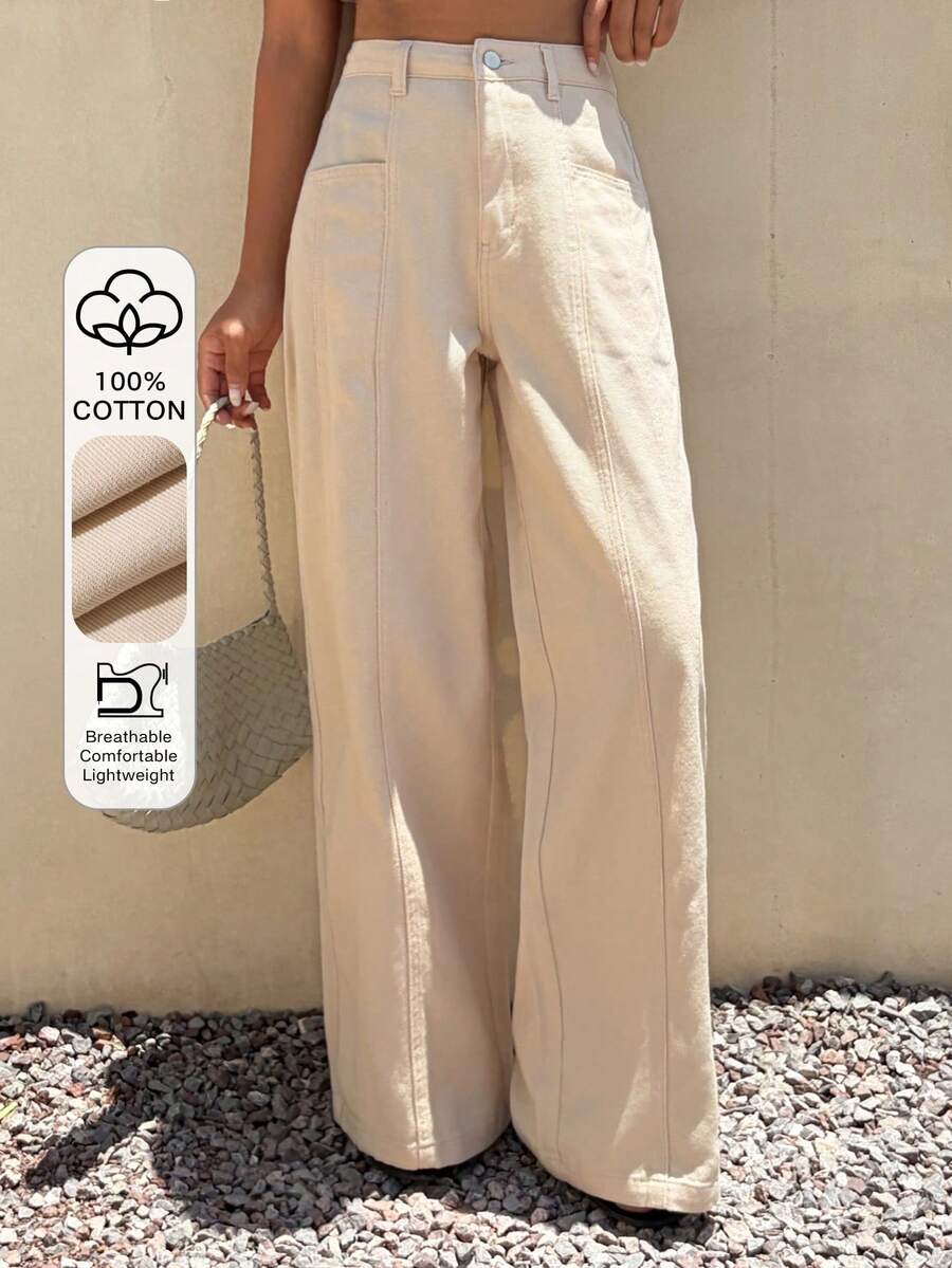 Livesso Women's High-Waist Light Beige Solid Color Patchwork Loose Wide Leg Casual Denim Jeans For Commuting, Summer And Autumn Vacation - Khaki - View 1