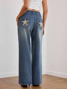 SHEIN New Casual Washed Vintage Star Embroidery Decorated Mid-Waist Straight Leg Denim Jeans, Suitable For Daily Casual, Street Style, Y2K Vintage, Campus, Back To School - Medium Wash - View 3