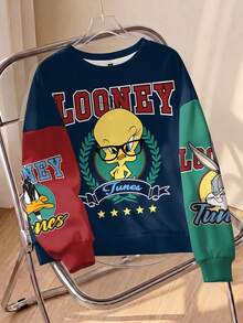 LOONEY TUNES X SHEIN Sudadera de cuello redondo con estampado de dibujos animados & letras para tallas grandes - Blanco - Ver 1