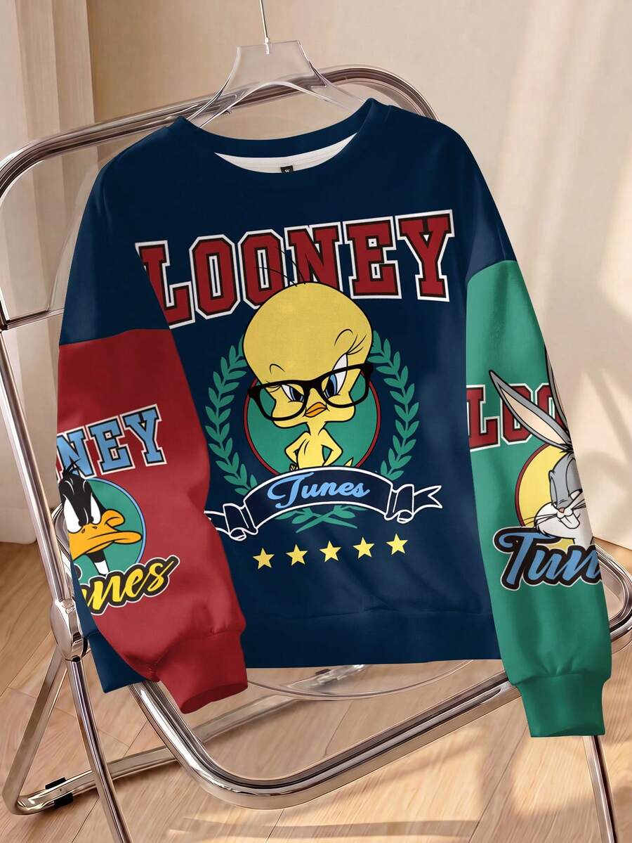 LOONEY TUNES X SHEIN Sudadera de cuello redondo con estampado de dibujos animados & letras para tallas grandes - Blanco - Ver 1