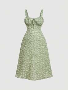 SHEIN MOD Plus Size Ditsy Floral Print Tie Front Ruched Bust Valentine Day Green Cami Dress,Summer Dresses For Women,Tea Party Dress,Pastel Dresses For Women - Green - View 6