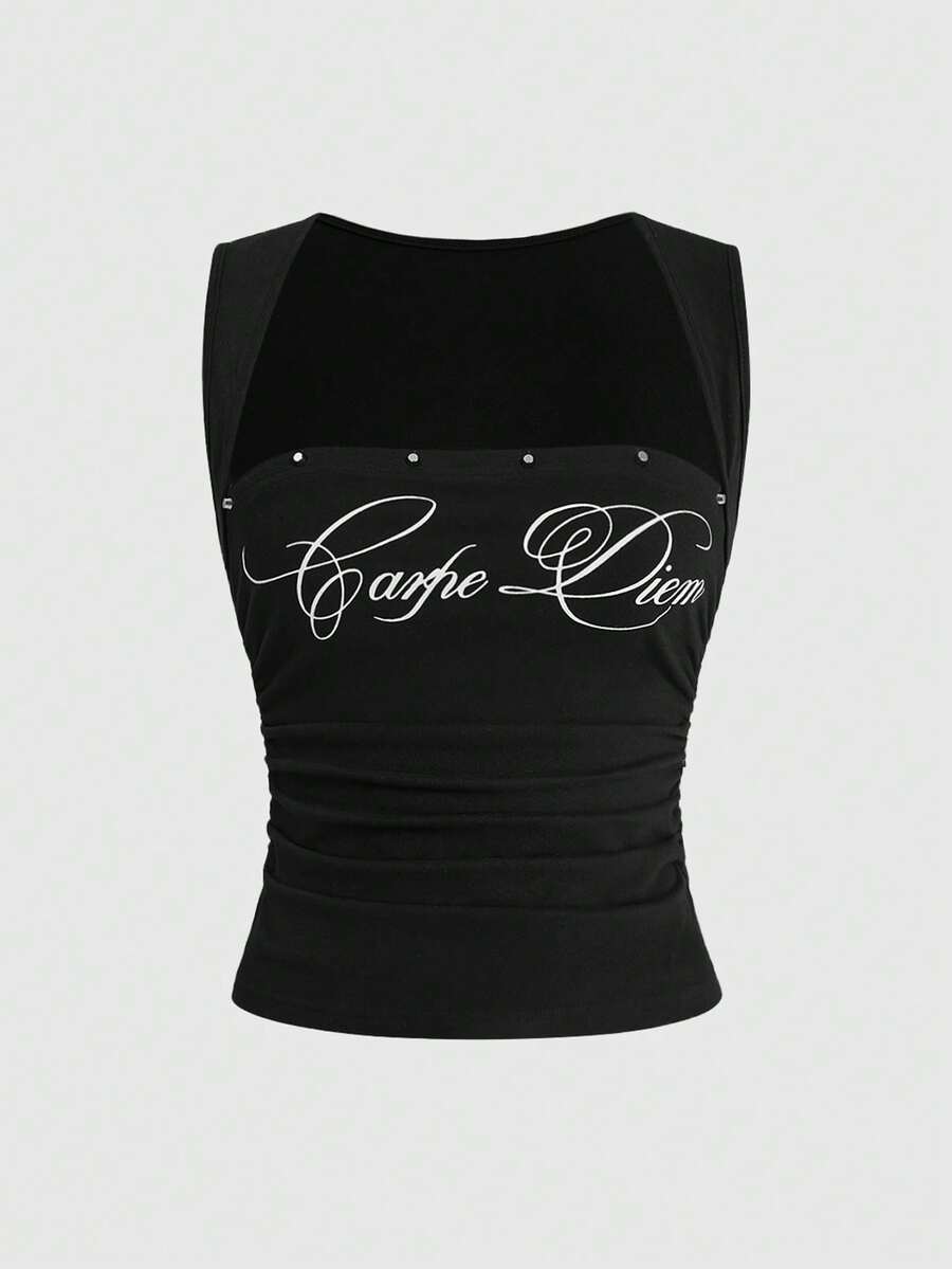 ROMWE Avant Sexy Slogan Print Punk Rivet Low-Cut Bodycon Ruched Camisole - Black - View 1
