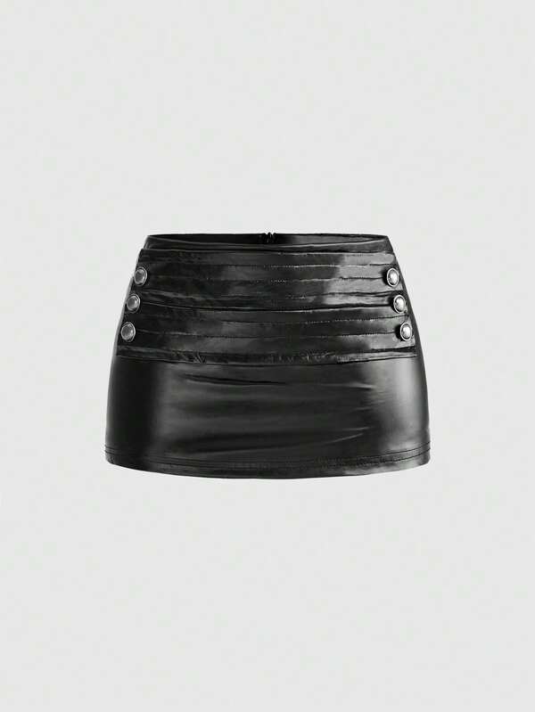 ROMWE Grunge Punk Y2K Napoleon Double-Breasted Design Elastic PU Fabric Low Waist Women's Skirt