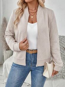 SHEIN PETITE CURVE 大尺碼女款純色長袖前拉鍊休閒棒球夾克 - 卡其色 - 查看 9