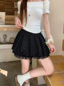 DAZY 女款韓式波點荷葉邊休閒寬鬆短褲 夏季 - 黑色 - 查看 5