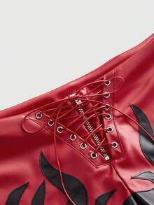 ROMWE Grunge Punk 夏季音樂節龐克風拼色火焰刺繡超低腰緊身PU短褲 - 彩色 - 查看 3