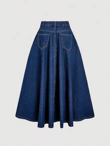 SHEIN MOD 女式口袋褶皱休闲牛仔 A 字裙 A 字牛仔裙、女式秋季服装、万圣节服装、商务休闲女装、女式休闲裙、女式牛仔裙、女式优雅裙、女式秋季裙、大码秋季服装、乡村音乐会、女式优雅裙 - 深色水洗藍 - 查看 2