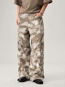 Vaulklash Men Fashionable Multi-Pocket Rivet Design Casual Loose Camo Baggy Wide Leg Jeans - Army Green - View 7