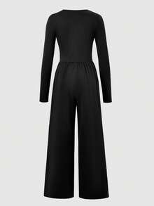 SHEIN Teen Girls Square Neck Casual Solid Color Jumpsuit, Casual Daily Wear, Knit, Autumn, Fitted, Wide, Fall - Black - View 2