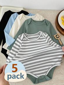 SHEIN Playful Pals 5件組嬰兒新生兒休閒純色百搭長袖連身衣，適合四季穿著 - 彩色 - 查看 10