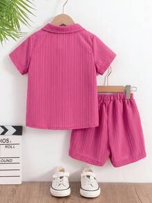 SHEIN 2pcs Set: Young Boy Button-Up Short Sleeve Fashionable Top And Loose Casual Shorts - Hot Pink - View 2