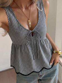 Flora Isola Flora Isola Damen Sommer Karomuster Schnürung Cut Out V-Ausschnitt Tailliert Rüschen Saum Ärmellos Tanktop Französischer Süß & Würzig Stil Lässig Pendeln Crop Top - Verschiedenfarbig - Übersicht 3