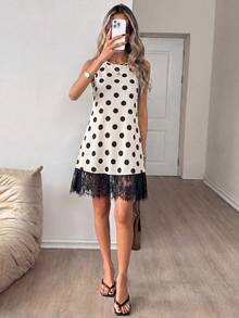 SHEIN LUNE 女款圓點圖案對比蕾絲下擺無袖迷你洋裝 - 彩色 - 查看 4