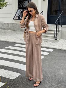 Serisse 女款休閒通勤度假早午餐粉色與白色條紋襯衫長褲兩件套秋季 - 棕色 - 查看 5