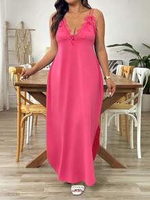 Breezaya Vestido de talla grande con tirantes finos, escote en V, bordado, unicolor y bajo asimétrico - Rosa Fucsia - Ver 3