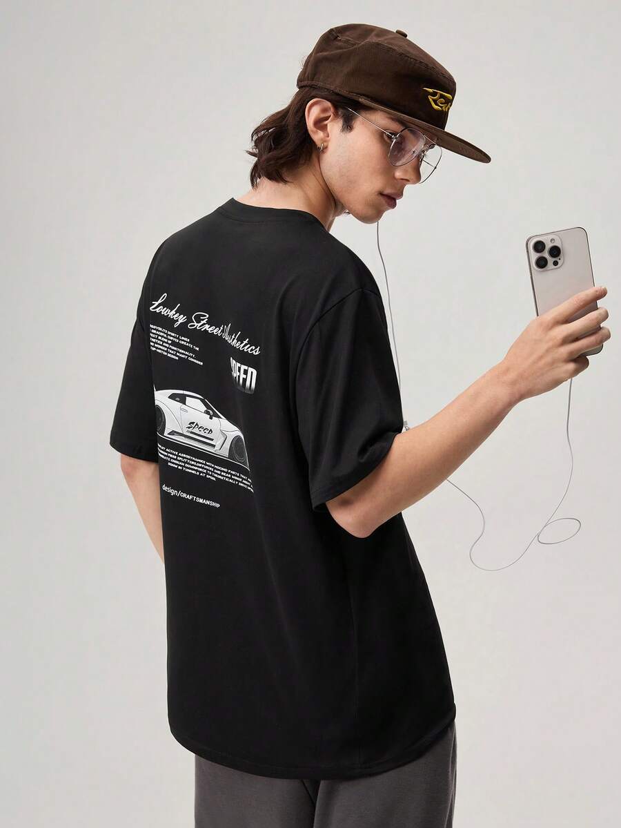 Racing Street Slogan Print Round Neck Short Sleeve Casual T-Shirt For Men - Black - View 1