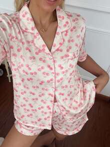 CottageSlumber Romantic Pink Cherry Print Lapel Pajama Set 2pcs - Multicolor - View 4