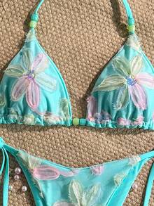 Costavie Swim MOD 女款性感比基尼兩件套 春夏度假款 彩色花卉亮片紋理面料 掛脖三角比基尼上衣搭配側綁帶比基尼褲 - 彩色 - 查看 5