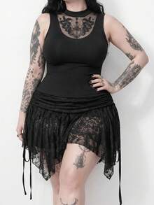 ROMWE Summer Outfits Dark Forbidden Forest Boho Goth Snake Eye Hollow Design Plus Size Tight Fitted Stand Collar Camisole - Black - View 1