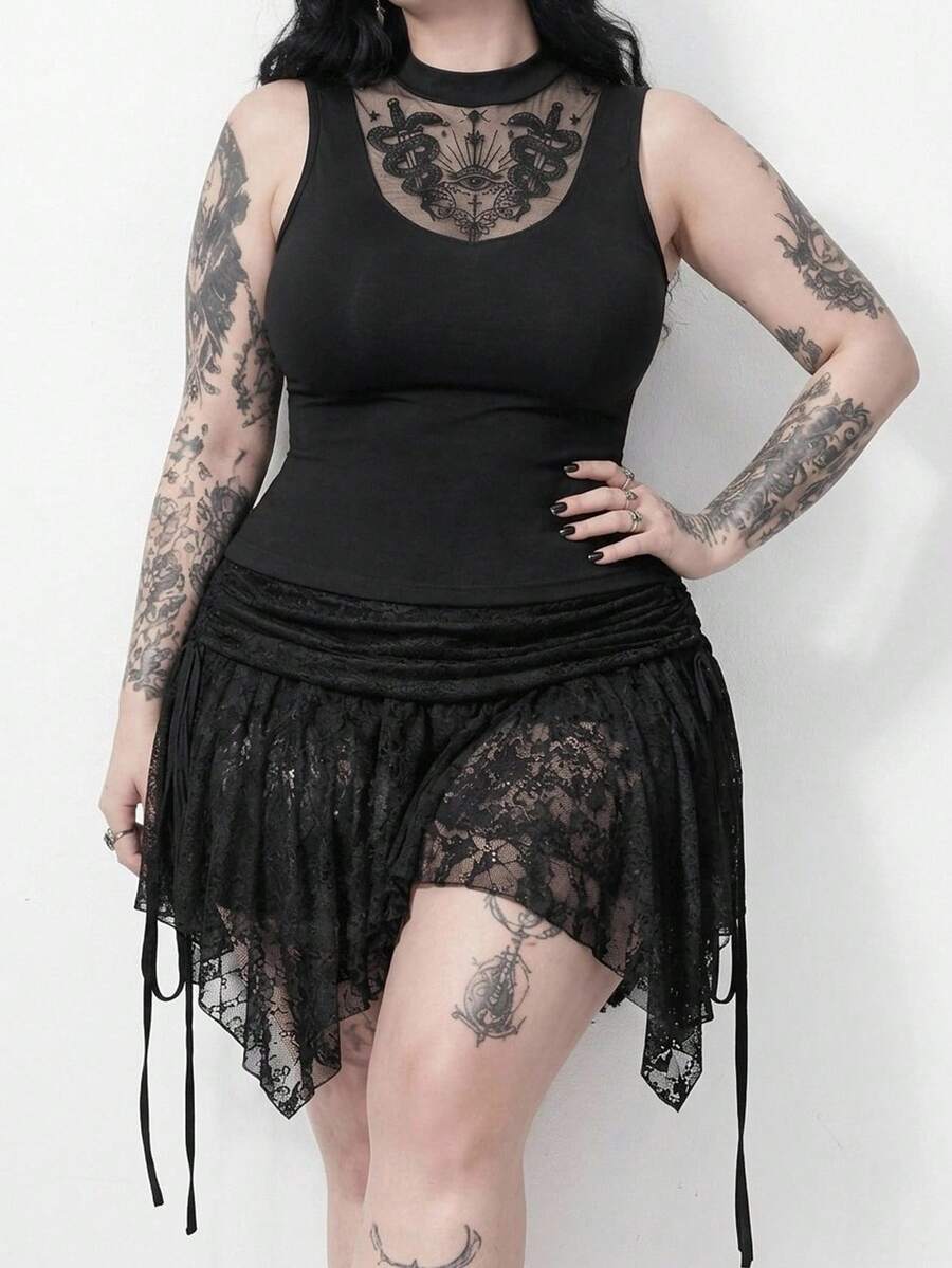 ROMWE Summer Outfits Dark Forbidden Forest Boho Goth Snake Eye Hollow Design Plus Size Tight Fitted Stand Collar Camisole - Black - View 1