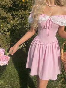 SHEIN MOD Women's Elegant Pink Summer Off-Shoulder Lace Corset Dress, Tie-Waist Pleated Midi Dress,Ethereal Retro Tea Party Special Events Dinner Dress - Pink - View 8