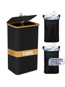 100-Liter Bamboo Frame Storage Bottle Recycling Box| Folding Large Trash Can Laundry Basket For Storage Of Cans And Cans Suitable For Home Kitchens And Bathrooms - Multicolor - View 1