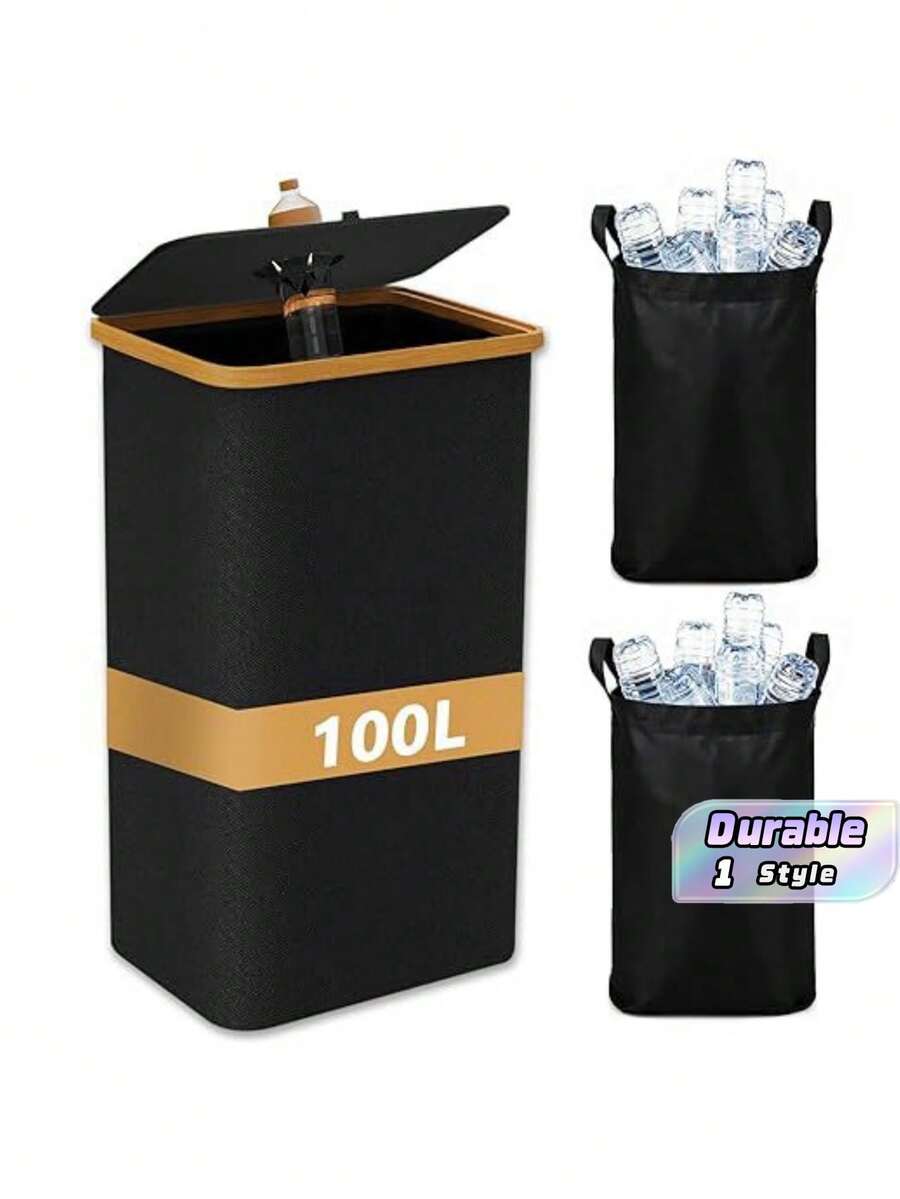 100-Liter Bamboo Frame Storage Bottle Recycling Box| Folding Large Trash Can Laundry Basket For Storage Of Cans And Cans Suitable For Home Kitchens And Bathrooms - Multicolor - View 1