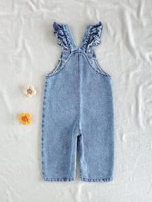 SHEIN Vintaside Kids 1件女嬰藍色牛仔休閒可愛刺繡花卉吊帶褲，適合外出、夏季度假與秋季穿著 - 藍色 - 查看 2