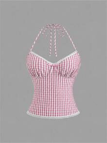 Sweetra Plaid Bow Decor Lace Trim Halter Neck Tie Strap Tank Top - Pink - View 1