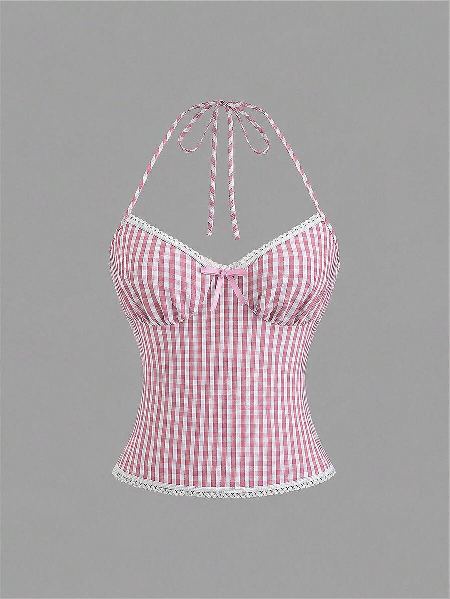 Sweetra Plaid Bow Decor Lace Trim Halter Neck Tie Strap Tank Top - Pink - View 1