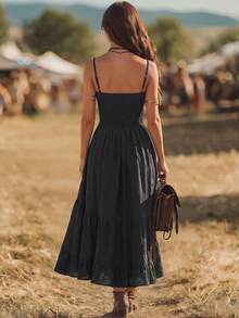 EMERY ROSE Women's Summer Casual Western Cowboy Vacation Style Minimalist Solid Color Contrast Lace Trim Asymmetrical Hem Cami Dress - Black - View 2