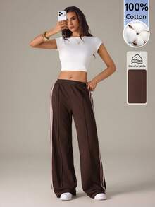 SHEIN Tall Women's Elastic Waist Side Stripe Wide Leg Loose Casual Sports Pants, Back To School - Brown - View 6
