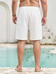 Mercer Haus Plus Size Men's Summer Casual Beach Vacation Drawstring Waist Pocketed Textured Shorts - White - View 2
