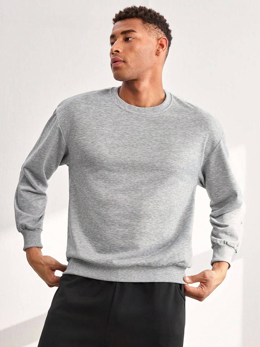 Men's Casual Sports Sweatshirt - Solid Color, Long Sleeve, Knit Fabric, H-Silhouette, Suitable For Hiking And Outdoor Activities, Polyester Material, Crew Neck, Sporty Autumn/Winter Top Spring - Light Grey - View 1