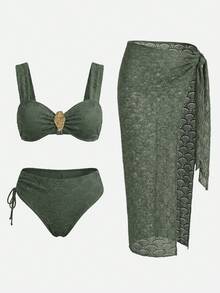 女款夏季海灘度假純色比基尼三角內褲兩件式泳衣套裝附裙子 綠色 歐式牙買加風 - 綠色 - 查看 3
