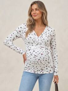 SHEIN Top d'allaitement de maternité à col en V profond avec imprimé floral, décontracté et polyvalent pour le port quotidien en automne - Blanc - Voir 3