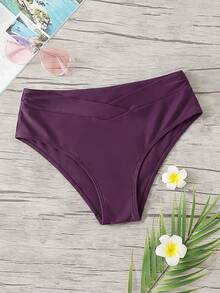 Swim Basics 女款純色交叉式高腰比基尼泳褲下身 - 紫色 - 查看 4