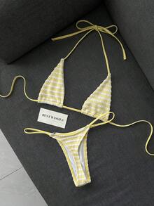 Swim SXY 女款夏季海灘條紋掛脖繫帶性感時尚比基尼兩件式泳衣套裝 - 彩色 - 查看 6