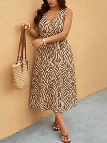 Elaquor Plus Size Vacation Fashion Zebra Print Tie Front V-Neck Dress - Multicolor - View 6
