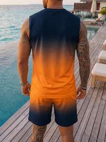 VIVINTIMO Conjunto de camiseta sin mangas con estampado de letras y pantalones cortos con cintura de cordón para hombre - Naranja - Ver 2