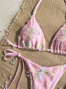 Costavie Swim MOD 兩件式女款泳衣套裝 春夏度假風 彩色花卉亮片紋理面料 掛脖三角比基尼上衣搭配側綁帶比基尼褲頭 性感泳裝套裝 - 彩色 - 查看 7