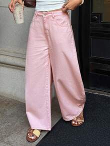 DAZY Jeans rectos de pierna ancha con estilo callejero vintage holgado, lavados y desgastados para mujeres - Rosa - Ver 5