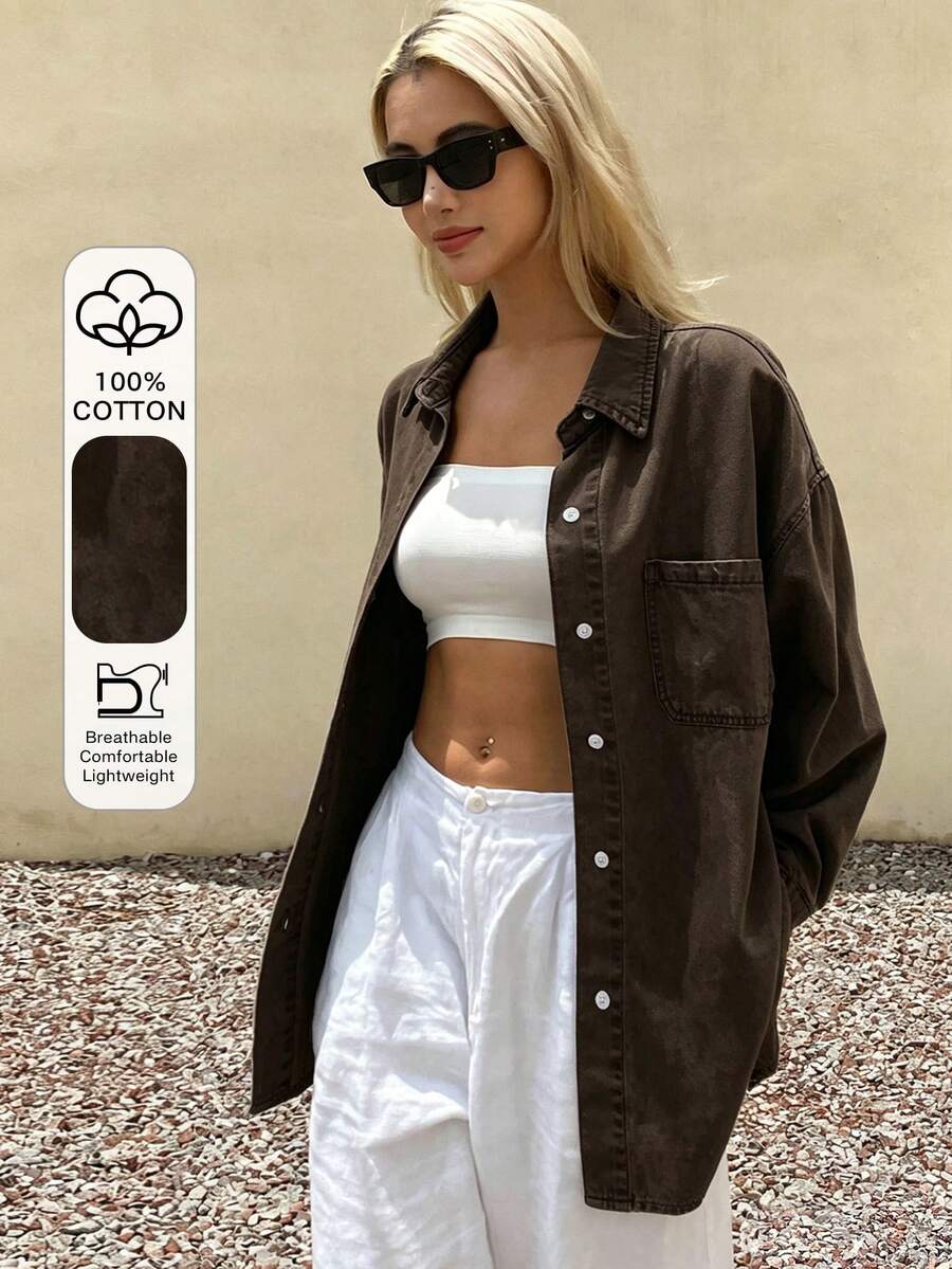 Livesso Summer Autumn Collared Long Sleeve Button Loose Dark Brown Cotton Denim Shirt For Women - Coffee Brown - View 1