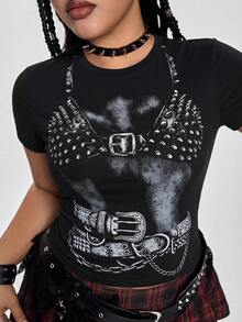 ROMWE Grunge Punk Punk Lingerie Rivet Print Black Plus Size Women's Fitted T-Shirt, All-Match Versatile - Black - View 5