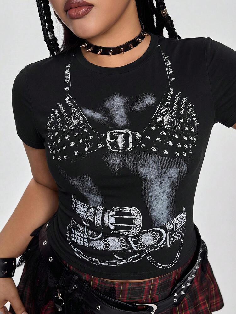ROMWE Grunge Punk Punk Lingerie Rivet Print Black Plus Size Women's Fitted T-Shirt, All-Match Versatile - Black - View 5