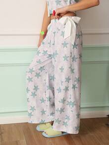 Chillnights Women's Young Casual Vacation Starfish Print Bubble Crinkle Wide Leg Long Pants Pajama Bottoms - Multicolor - View 1