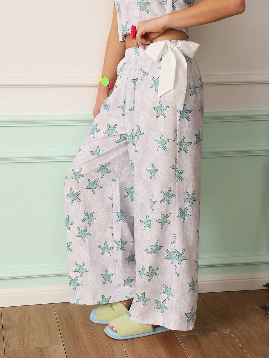 Chillnights Women's Young Casual Vacation Starfish Print Bubble Crinkle Wide Leg Long Pants Pajama Bottoms - Multicolor - View 1