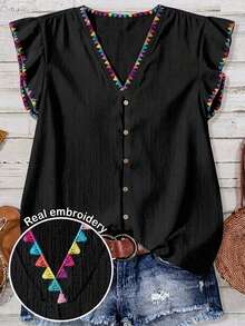 EMERY ROSE Plus Size Women's Floral Bud Embroidered Single-Breasted Cap Sleeve Blouse - Black - View 1