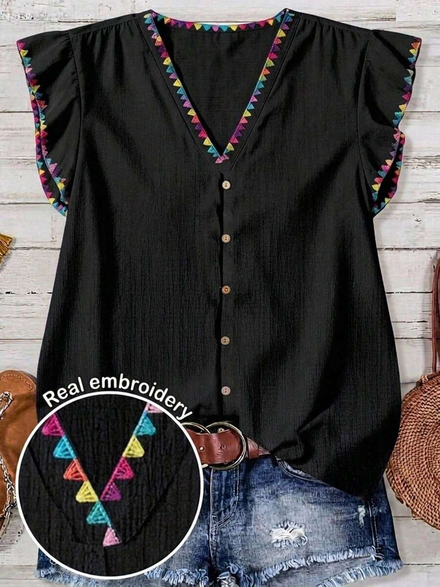 EMERY ROSE Plus Size Women's Floral Bud Embroidered Single-Breasted Cap Sleeve Blouse - Black - View 1
